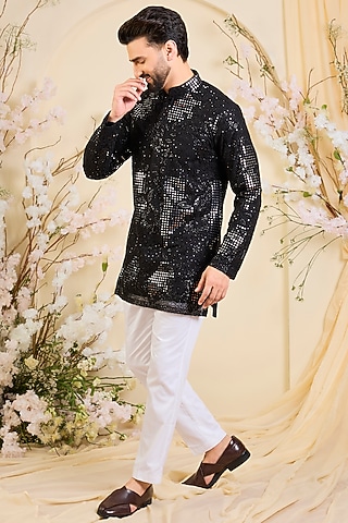 Black Net Mirror Work Short Kurta by Kasbah Clothing