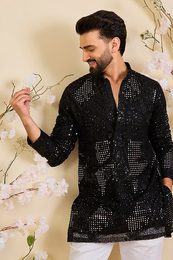 Black Net Mirror Work Short Kurta by Kasbah Clothing at Pernia's Pop Up Shop