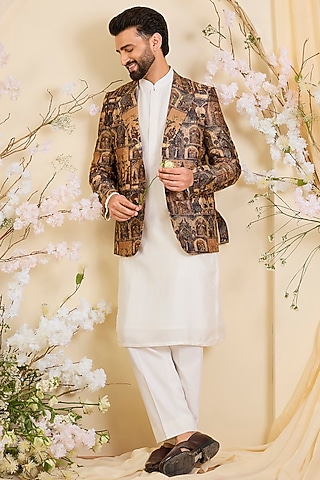 Multi-Colored Tussar Silk Aari Embroidered Blazer by Kasbah Clothing
