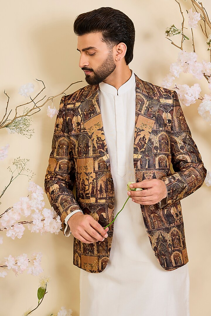 Multi-Colored Tussar Silk Aari Embroidered Blazer by Kasbah Clothing at Pernia's Pop Up Shop