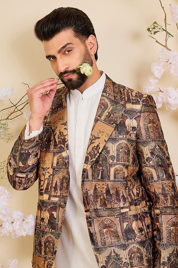 Multi-Colored Tussar Silk Aari Embroidered Blazer by Kasbah Clothing at Pernia's Pop Up Shop
