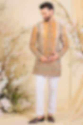 Mustard Yellow Crepe Printed & Zari Work Short Kurta by Kasbah Clothing at Pernia's Pop Up Shop