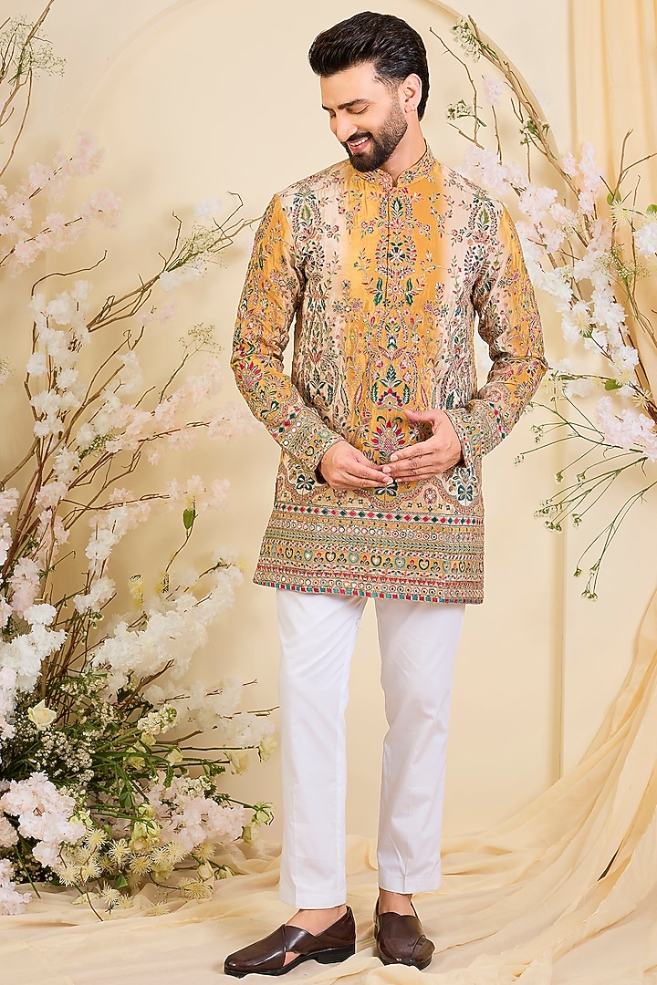 Mustard Yellow Crepe Printed & Zari Work Short Kurta by Kasbah Clothing at Pernia's Pop Up Shop