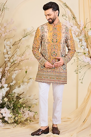 Mustard Yellow Crepe Printed & Zari Work Short Kurta by Kasbah Clothing