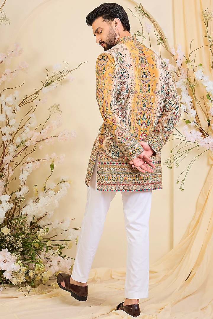 Mustard Yellow Crepe Printed & Zari Work Short Kurta by Kasbah Clothing at Pernia's Pop Up Shop