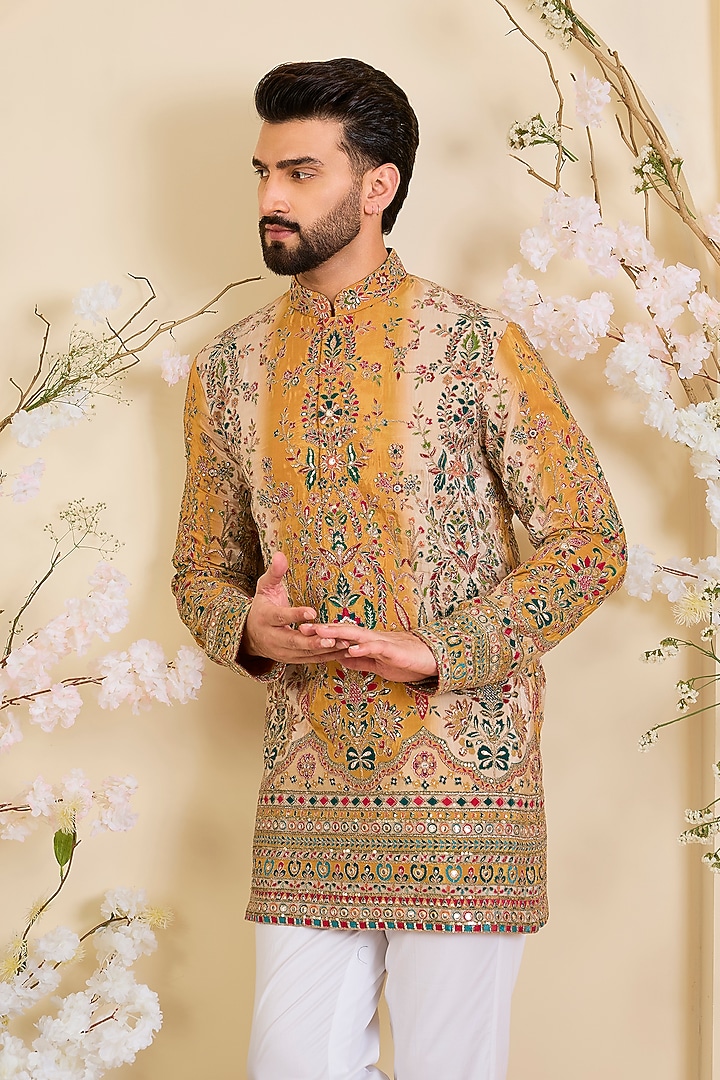 Mustard Yellow Crepe Printed & Zari Work Short Kurta by Kasbah Clothing at Pernia's Pop Up Shop