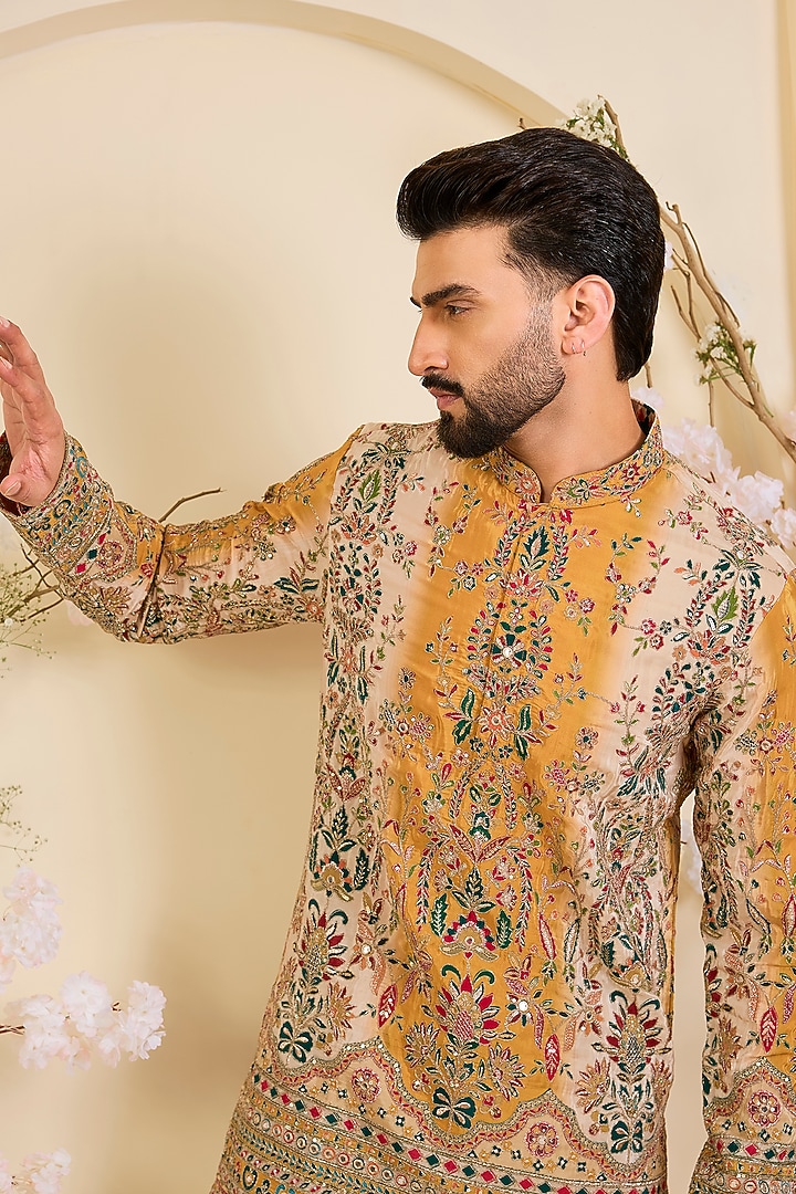 Mustard Yellow Crepe Printed & Zari Work Short Kurta by Kasbah Clothing at Pernia's Pop Up Shop