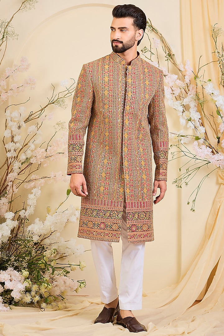 Multi-Colored Crepe Printed & Sequins Embroidered Wedding Sherwani by Kasbah Clothing at Pernia's Pop Up Shop