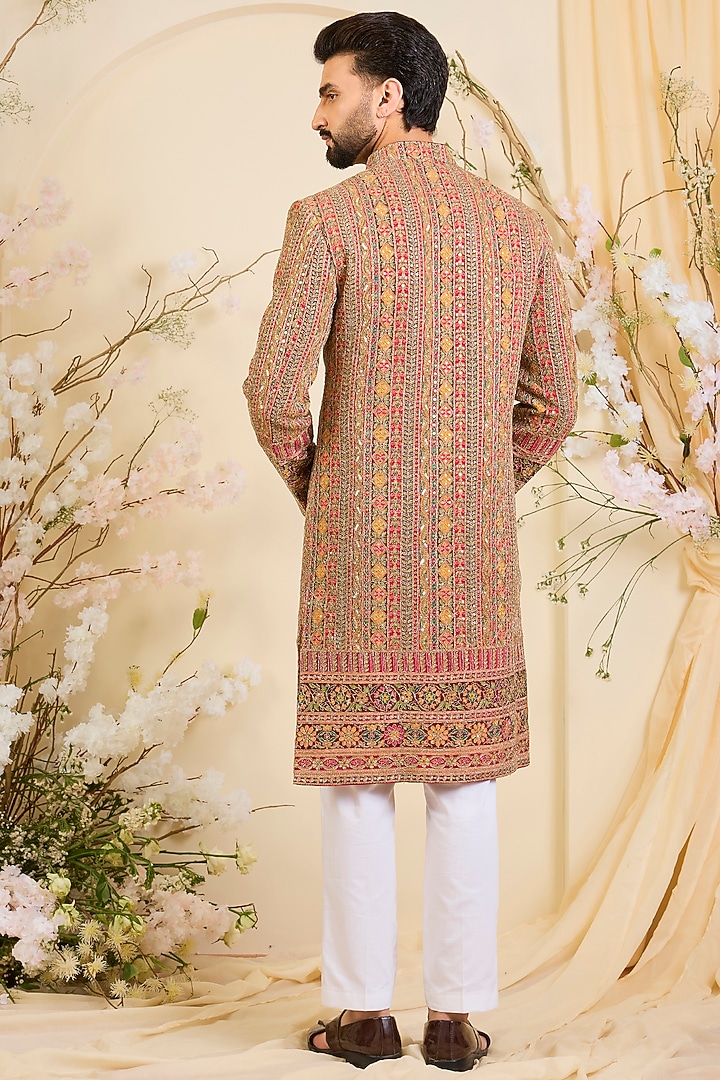 Multi-Colored Crepe Printed & Sequins Embroidered Wedding Sherwani by Kasbah Clothing at Pernia's Pop Up Shop