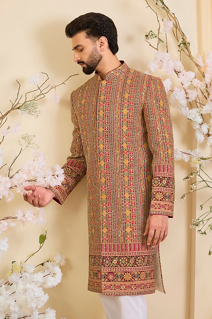 Multi-Colored Crepe Printed & Sequins Embroidered Wedding Sherwani by Kasbah Clothing at Pernia's Pop Up Shop