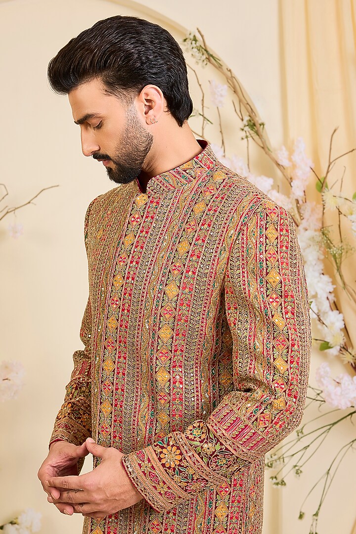 Multi-Colored Crepe Printed & Sequins Embroidered Wedding Sherwani by Kasbah Clothing at Pernia's Pop Up Shop