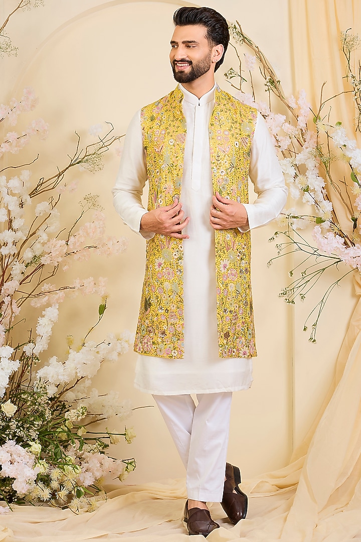 Yellow Georgette Sequins Work Long Open-Jacket by Kasbah Clothing at Pernia's Pop Up Shop