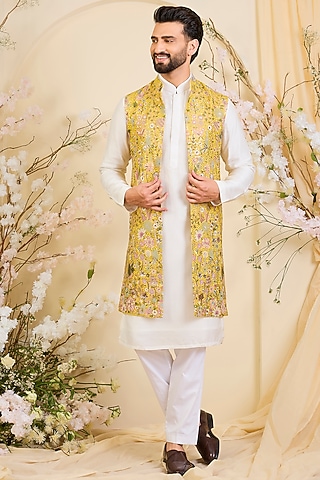 Yellow Georgette Sequins Work Long Open-Jacket by Kasbah Clothing