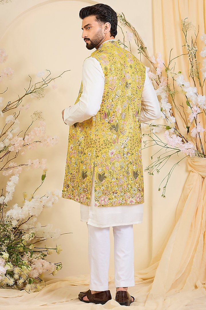 Yellow Georgette Sequins Work Long Open-Jacket by Kasbah Clothing at Pernia's Pop Up Shop