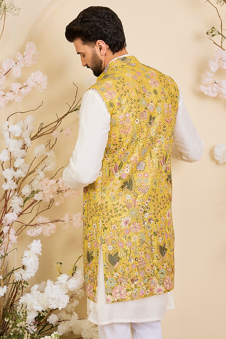 Yellow Georgette Sequins Work Long Open-Jacket by Kasbah Clothing at Pernia's Pop Up Shop