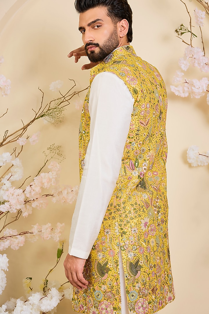 Yellow Georgette Sequins Work Long Open-Jacket by Kasbah Clothing at Pernia's Pop Up Shop
