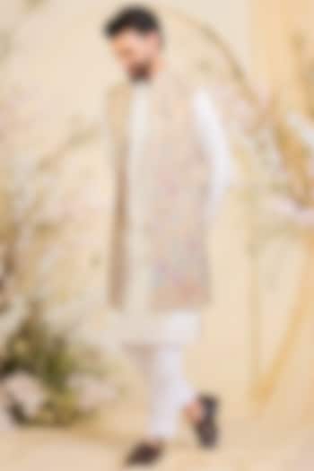 Beige-Gold Georgette Floral Embroidered Open-Jacket by Kasbah Clothing at Pernia's Pop Up Shop