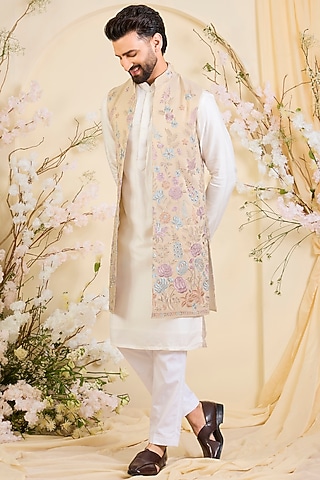 Beige-Gold Georgette Floral Embroidered Open-Jacket by Kasbah Clothing