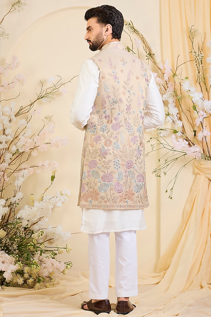 Beige-Gold Georgette Floral Embroidered Open-Jacket by Kasbah Clothing at Pernia's Pop Up Shop