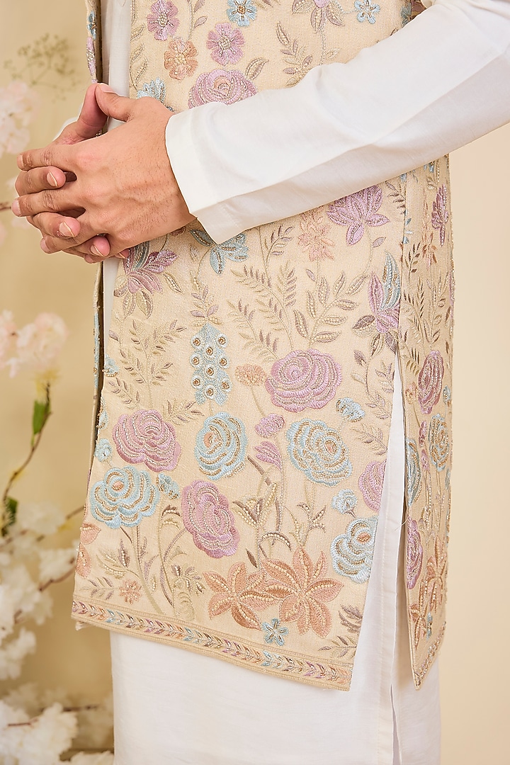 Beige-Gold Georgette Floral Embroidered Open-Jacket by Kasbah Clothing at Pernia's Pop Up Shop