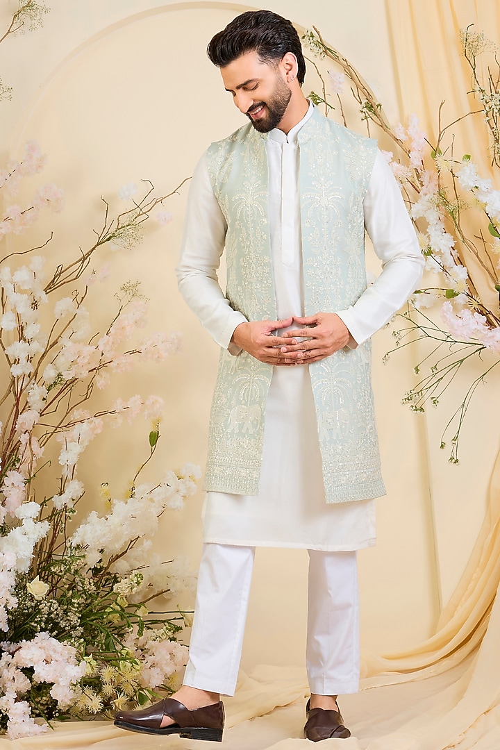 Blue Georgette Floral Embroidered Long Open-Jacket by Kasbah Clothing at Pernia's Pop Up Shop