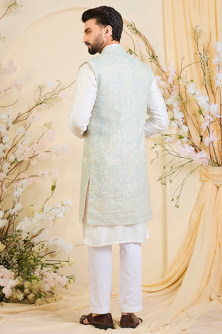 Blue Georgette Floral Embroidered Long Open-Jacket by Kasbah Clothing at Pernia's Pop Up Shop