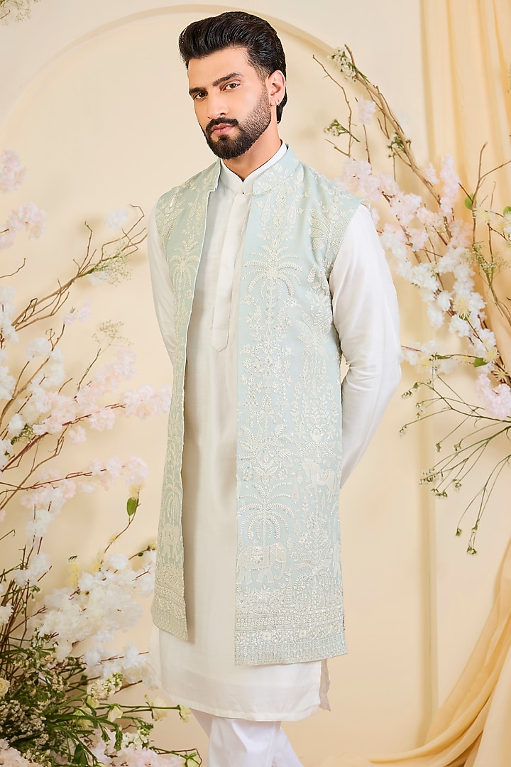 Blue Georgette Floral Embroidered Long Open-Jacket by Kasbah Clothing at Pernia's Pop Up Shop