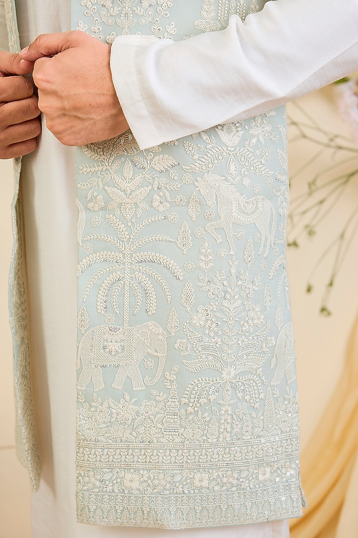 Blue Georgette Floral Embroidered Long Open-Jacket by Kasbah Clothing at Pernia's Pop Up Shop