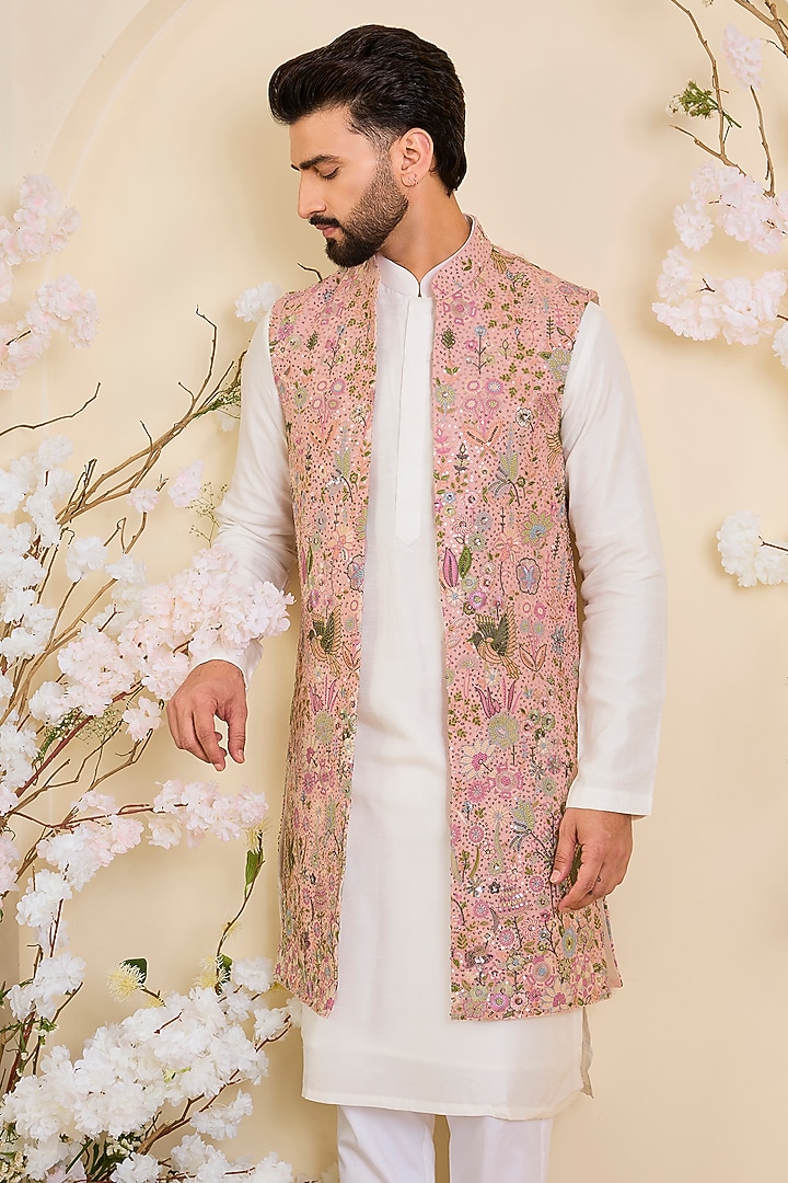Pink Georgette Sequins Work Long Open-Jacket by Kasbah Clothing at Pernia's Pop Up Shop