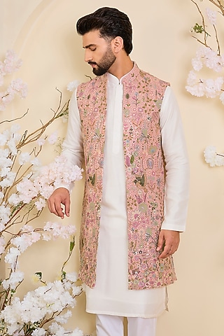 Pink Georgette Sequins Work Long Open-Jacket by Kasbah Clothing