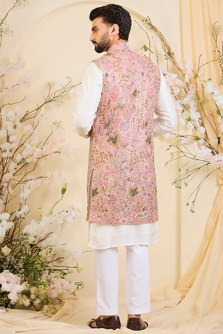 Pink Georgette Sequins Work Long Open-Jacket by Kasbah Clothing at Pernia's Pop Up Shop