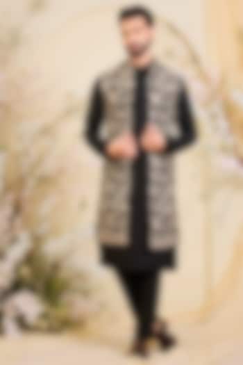 Black Georgette Sequins Work Long Open-Jacket by Kasbah Clothing at Pernia's Pop Up Shop