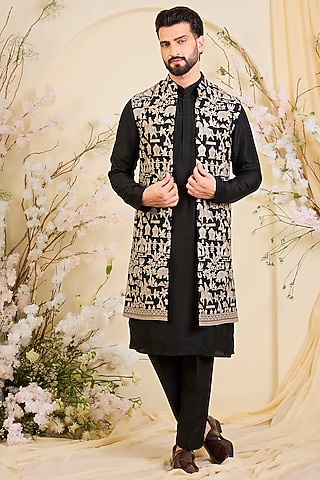 Black Georgette Sequins Work Long Open-Jacket by Kasbah Clothing