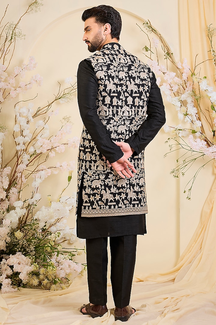 Black Georgette Sequins Work Long Open-Jacket by Kasbah Clothing at Pernia's Pop Up Shop