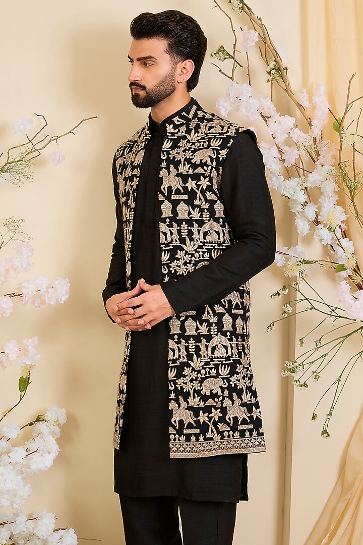 Black Georgette Sequins Work Long Open-Jacket by Kasbah Clothing at Pernia's Pop Up Shop