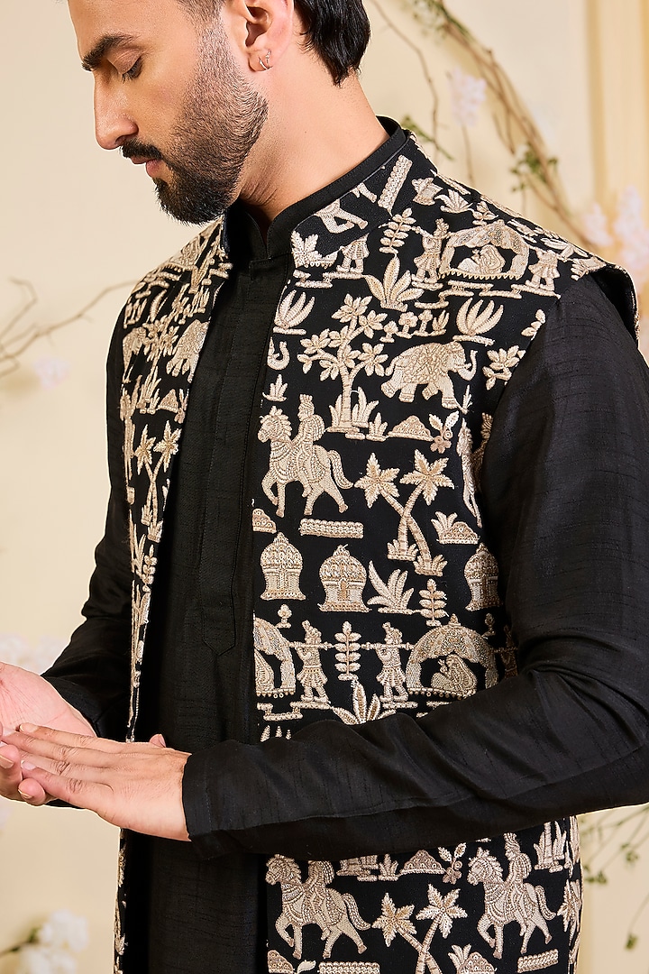 Black Georgette Sequins Work Long Open-Jacket by Kasbah Clothing at Pernia's Pop Up Shop