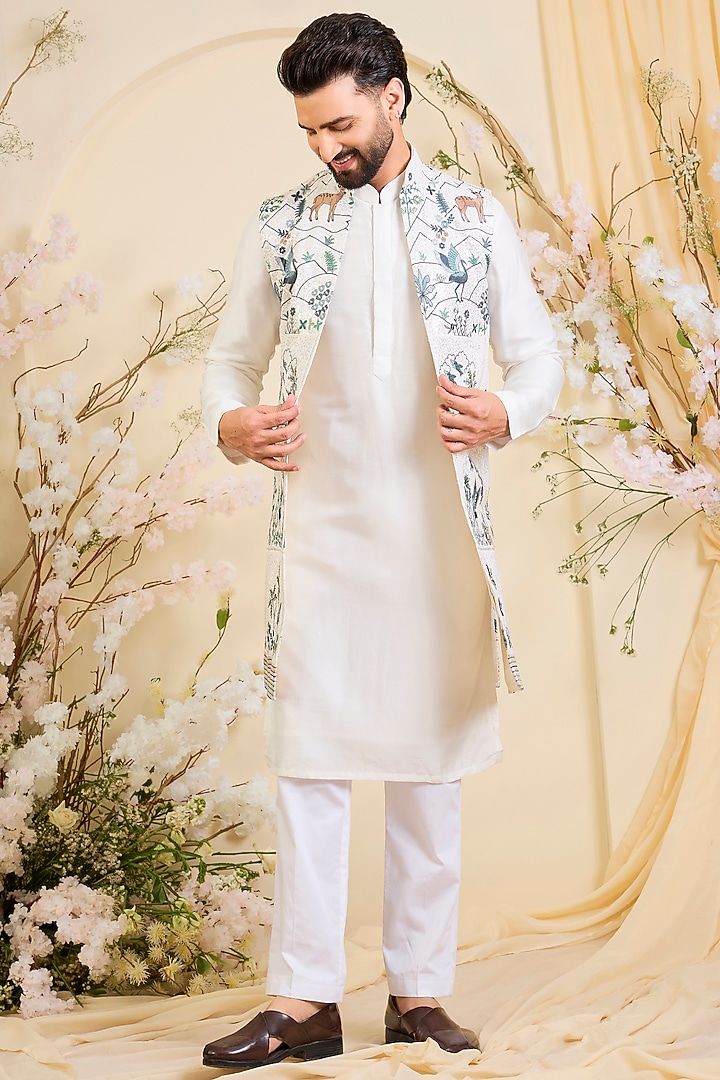 White Georgette Sequins Work Long Open-Jacket by Kasbah Clothing at Pernia's Pop Up Shop