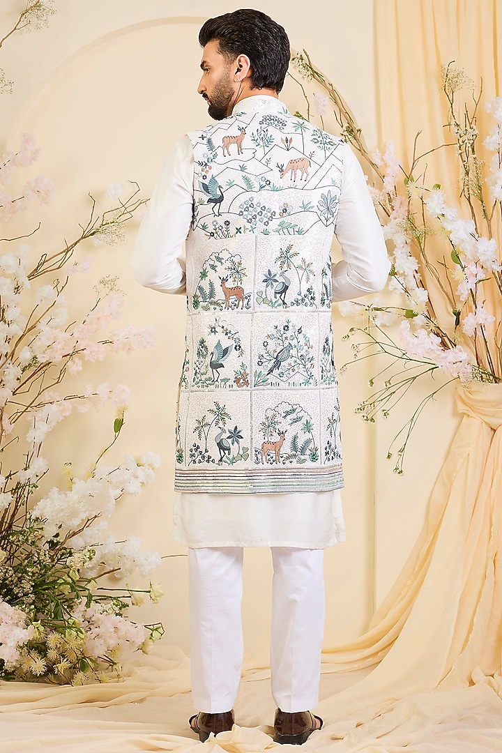 White Georgette Sequins Work Long Open-Jacket by Kasbah Clothing at Pernia's Pop Up Shop