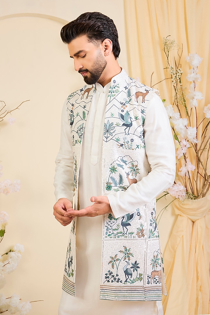 White Georgette Sequins Work Long Open-Jacket by Kasbah Clothing at Pernia's Pop Up Shop