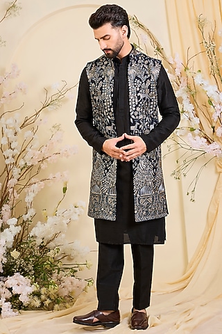 Regal Blue Georgette Sequins Work Long Open-Jacket by Kasbah Clothing