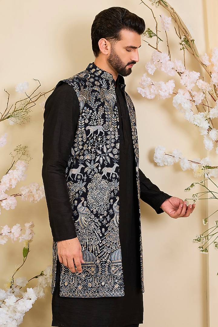 Regal Blue Georgette Sequins Work Long Open-Jacket by Kasbah Clothing at Pernia's Pop Up Shop