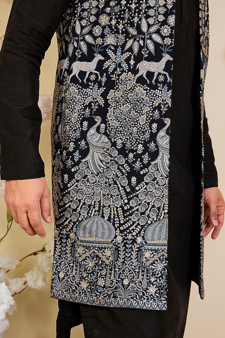 Regal Blue Georgette Sequins Work Long Open-Jacket by Kasbah Clothing at Pernia's Pop Up Shop