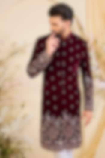 Maroon Velvet Hand Embroidered Wedding Sherwani by Kasbah Clothing at Pernia's Pop Up Shop