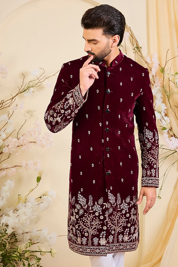 Maroon Velvet Hand Embroidered Wedding Sherwani by Kasbah Clothing at Pernia's Pop Up Shop