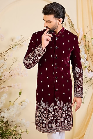Maroon Velvet Hand Embroidered Sherwani by Kasbah Clothing