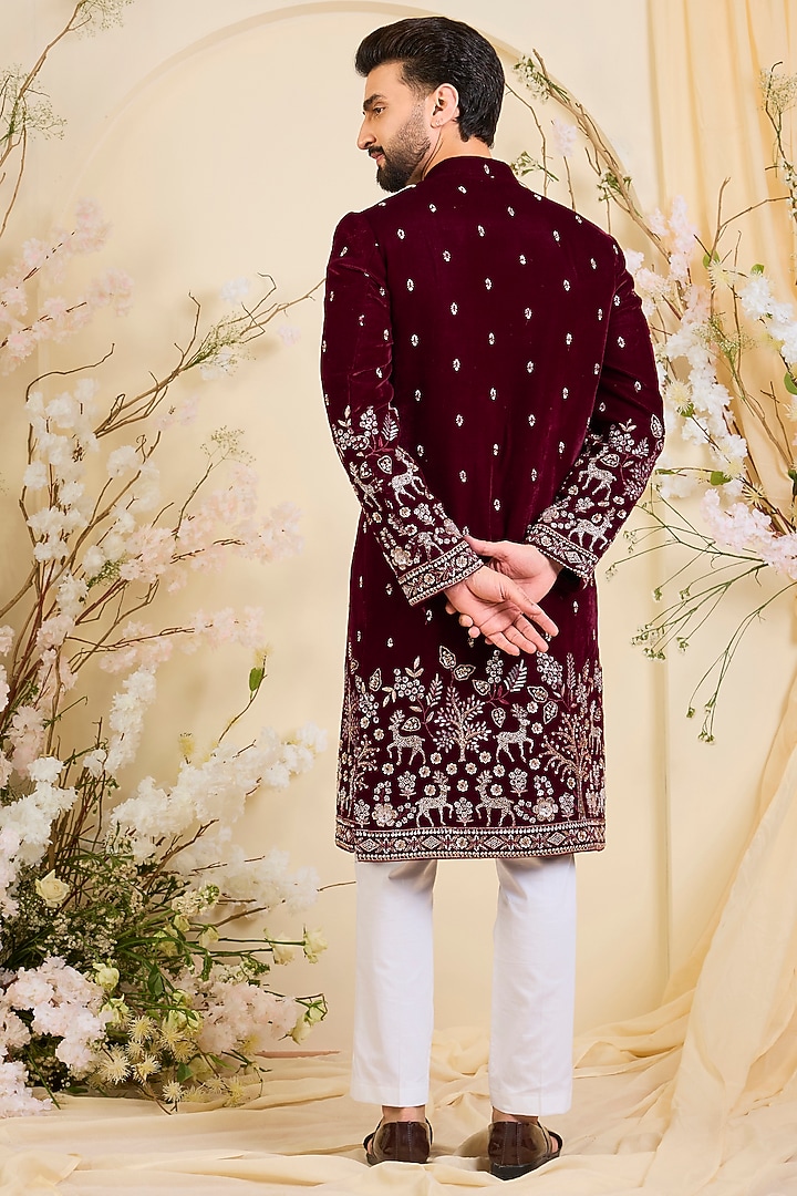 Maroon Velvet Hand Embroidered Wedding Sherwani by Kasbah Clothing at Pernia's Pop Up Shop