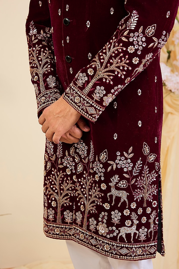 Maroon Velvet Hand Embroidered Wedding Sherwani by Kasbah Clothing at Pernia's Pop Up Shop