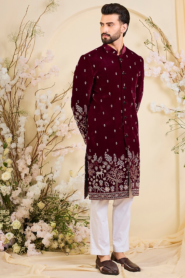 Maroon Velvet Hand Embroidered Wedding Sherwani by Kasbah Clothing at Pernia's Pop Up Shop