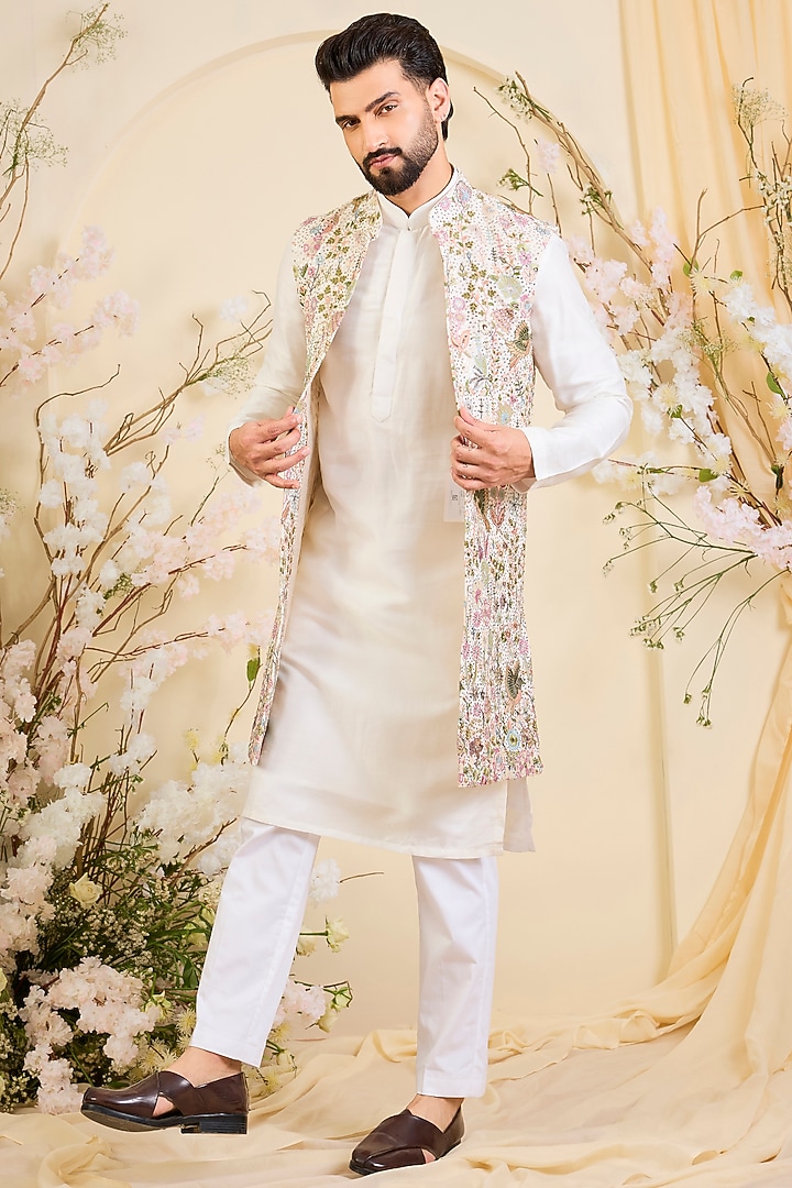 White Georgette Sequins Work Long Open-Jacket by Kasbah Clothing at Pernia's Pop Up Shop
