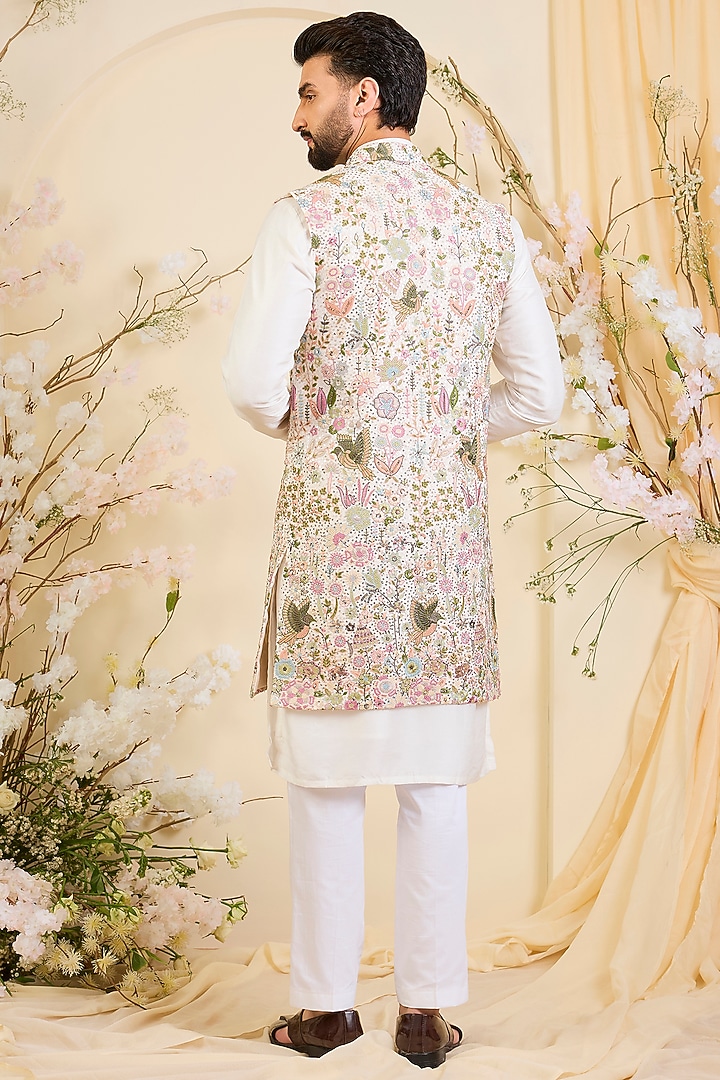 White Georgette Sequins Work Long Open-Jacket by Kasbah Clothing at Pernia's Pop Up Shop